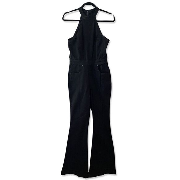 FREE PEOPLE Sz 8 CRVY SYDNEY HALTER DENIM JUMPSUIT BLACK Stretch Bell Bottom M - Picture 6 of 10